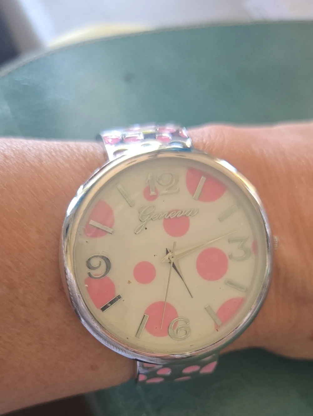 Geneva Silver-Tone Watch with Pink Polka Dot Dial and Strap